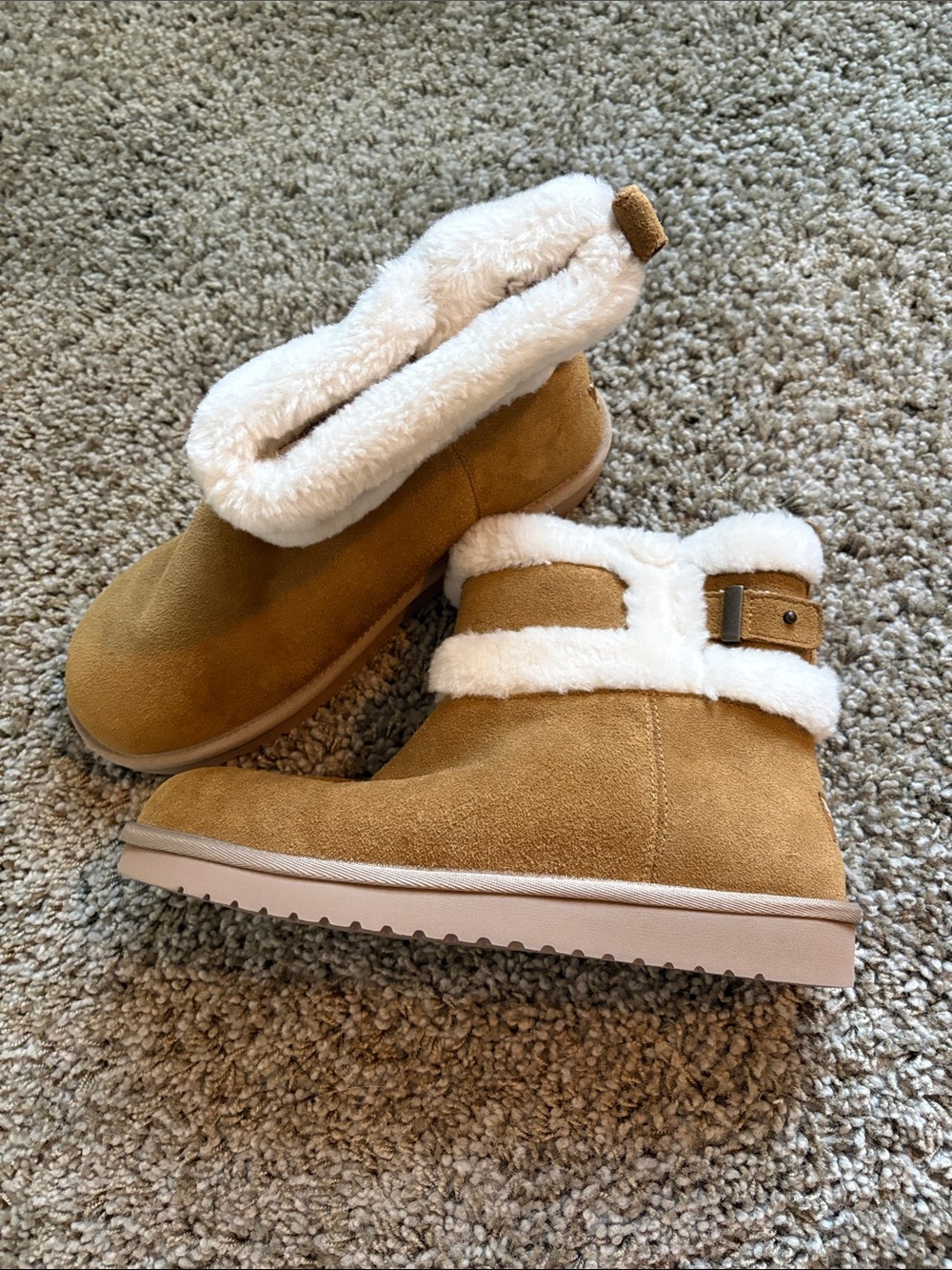 Koolaburra Kids Tan Faux-Suede Boots with Cream Faux-Fur Trim